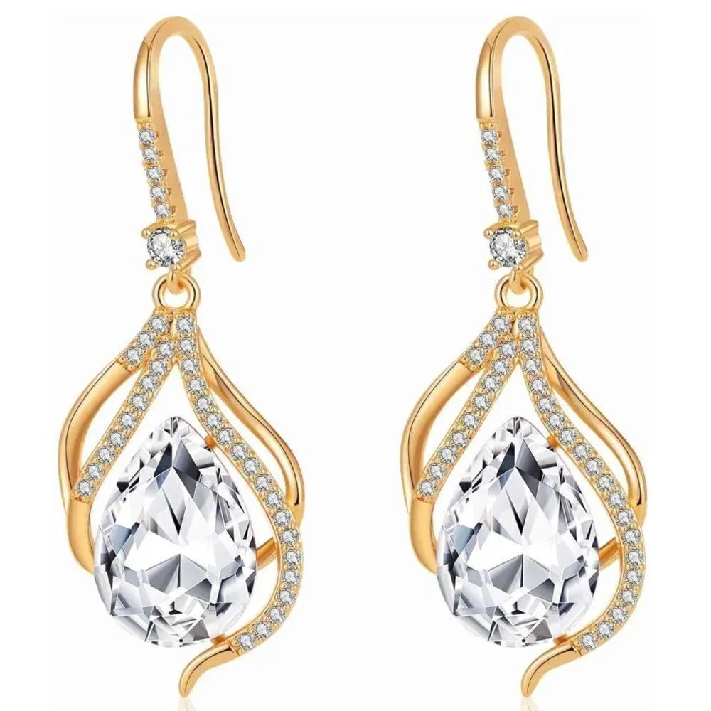 14K Yellow Gold with White Diamond Austrian Crystal Twisted Teardrop Earrings